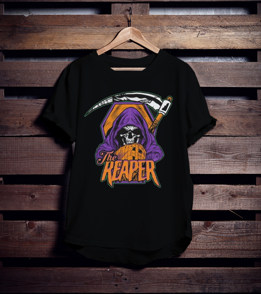 American Gothic Style Skull With Scythe Reaper Hooded Figure T-Shirt