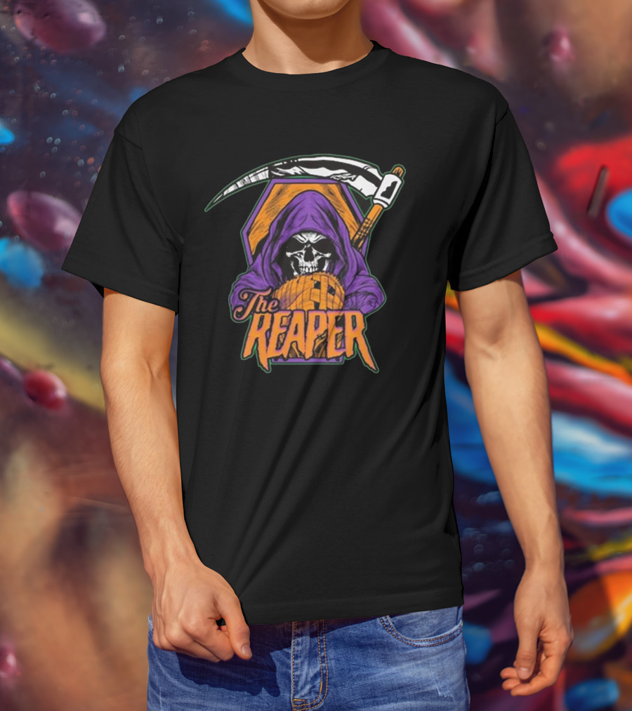 American Gothic Style Skull With Scythe Reaper Hooded Figure T-Shirt
