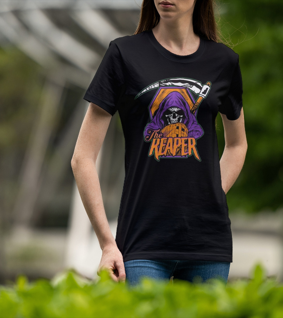 American Gothic Style Skull With Scythe Reaper Hooded Figure T-Shirt