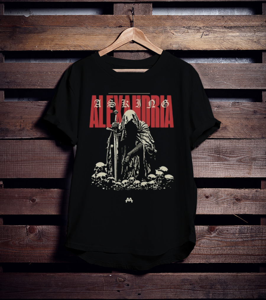 Asking Alexandria Skeleton Cloaked Figure With Sword Among Skulls T-Shirt