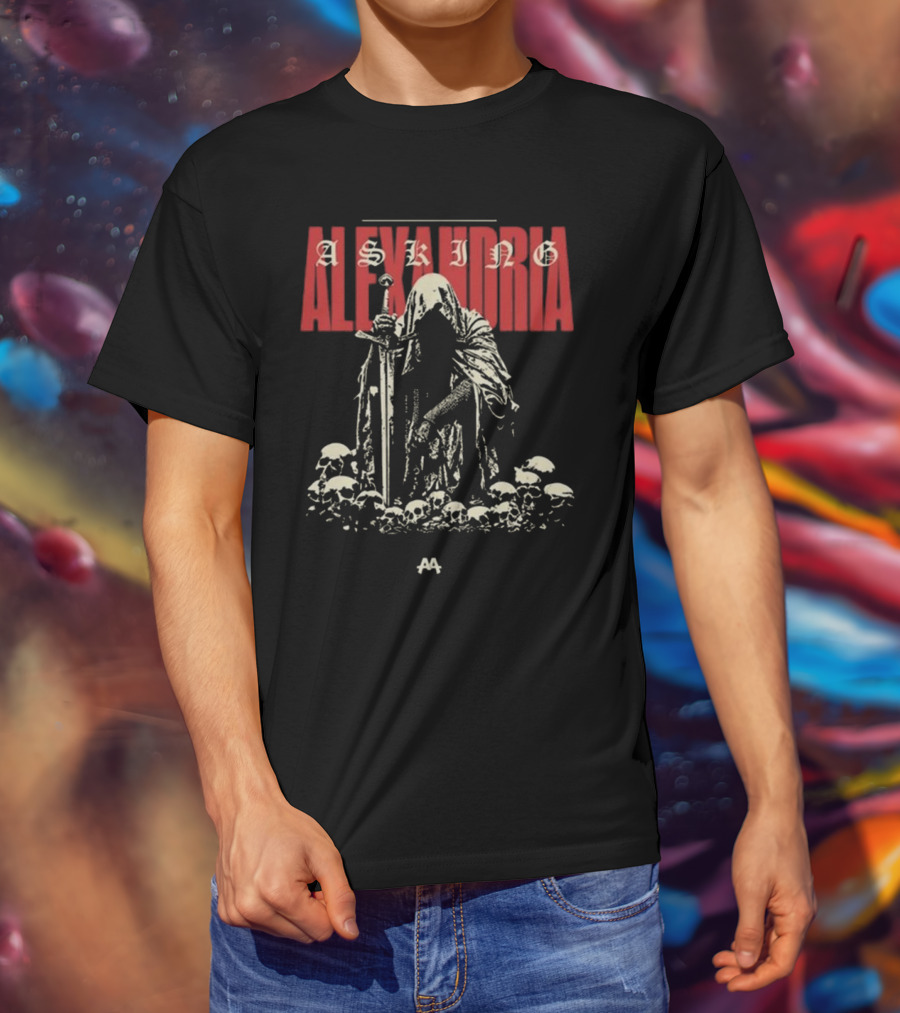Asking Alexandria Skeleton Cloaked Figure With Sword Among Skulls T-Shirt