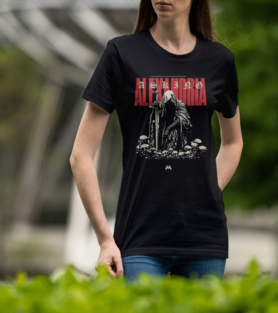 Asking Alexandria Skeleton Cloaked Figure With Sword Among Skulls T-Shirt