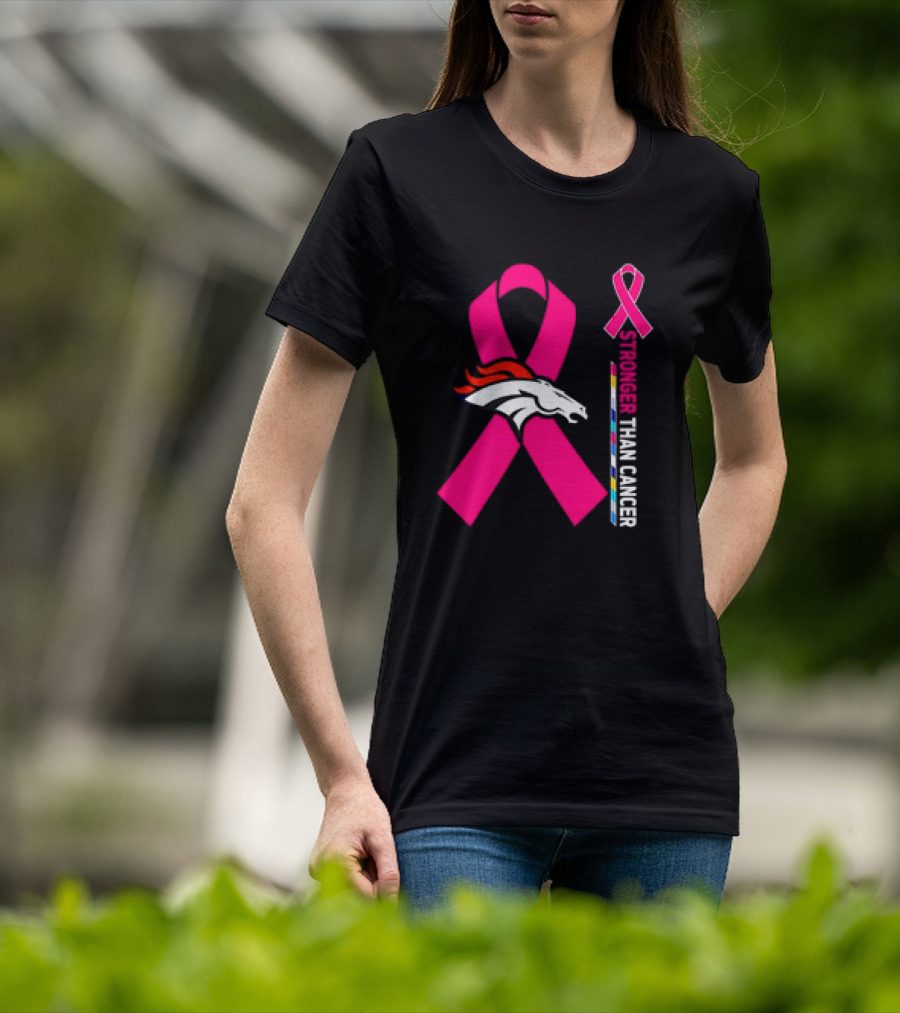 Denver Broncos Pink Ribbon Stronger Than Cancer Awareness T-Shirt