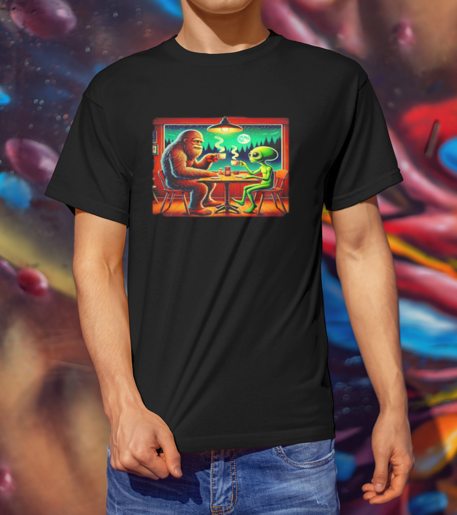 Bigfoot And Alien Coffee Meetup In Cabin At Night With Moonlit Forest T-Shirt