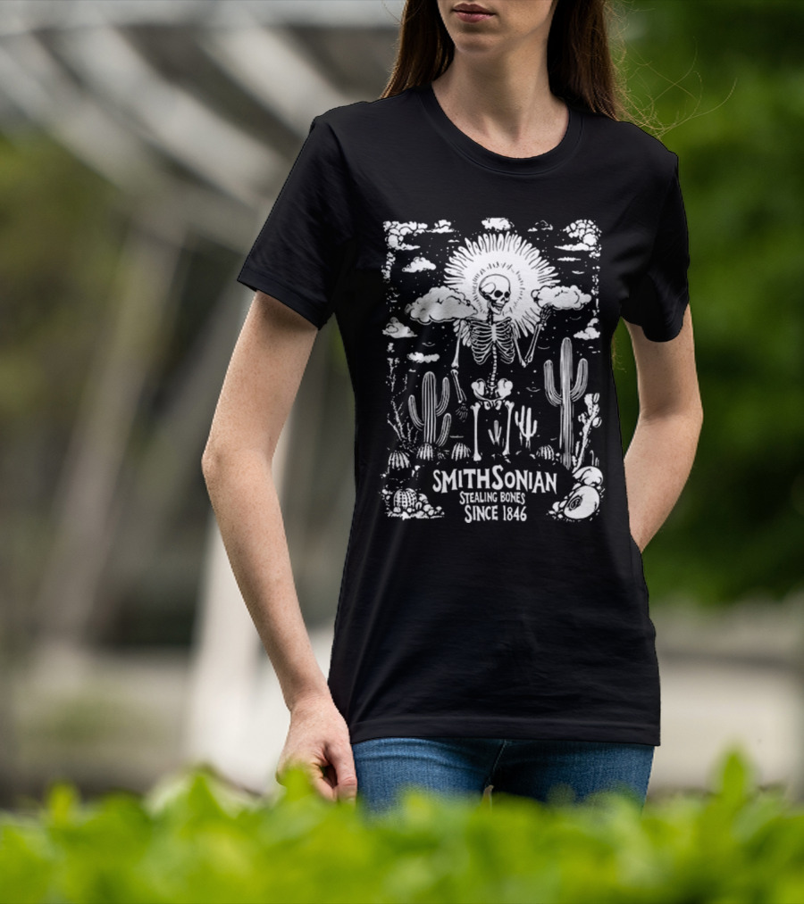 Smithsonian Stealing Bones Since 1846 Desert Skeleton Cactus Scene T-Shirt