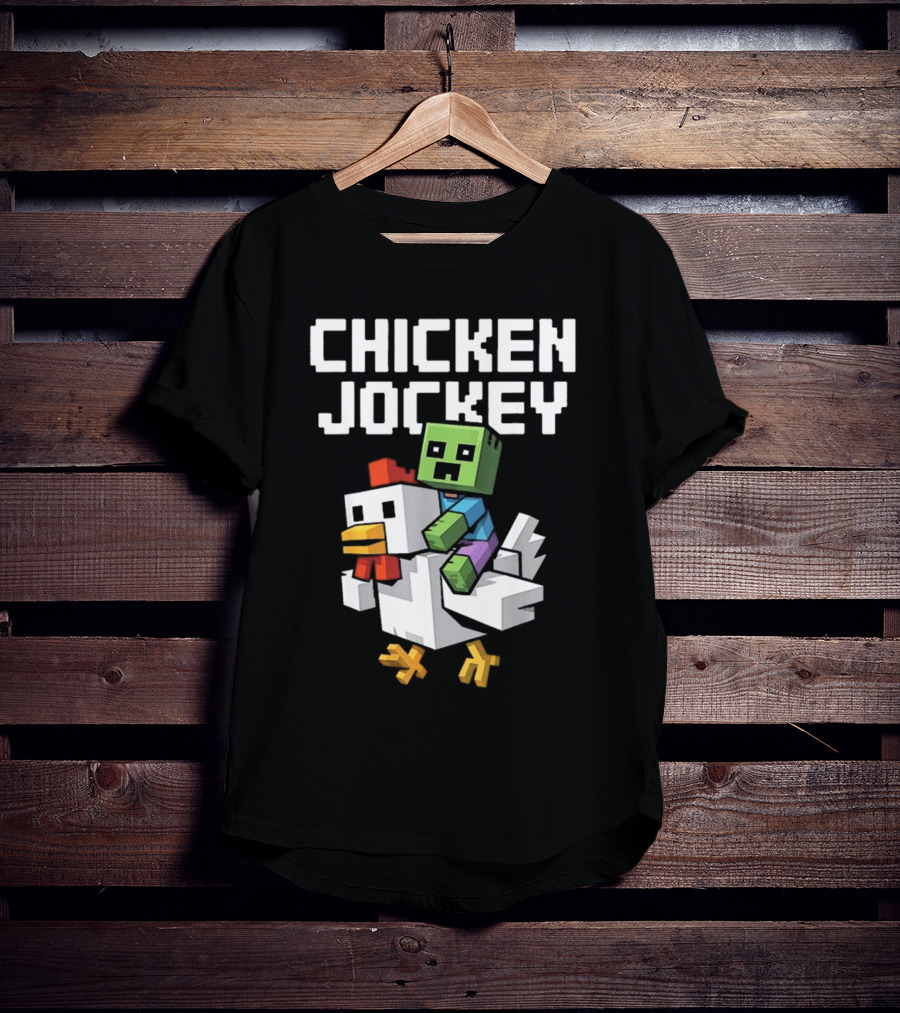 CHICKEN JOCKEY Pixelated Green Zombie Riding White Chicken T-Shirt