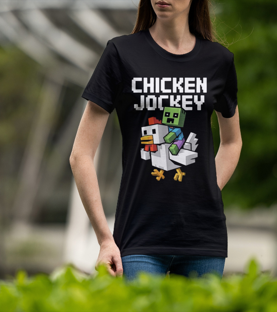 CHICKEN JOCKEY Pixelated Green Zombie Riding White Chicken T-Shirt