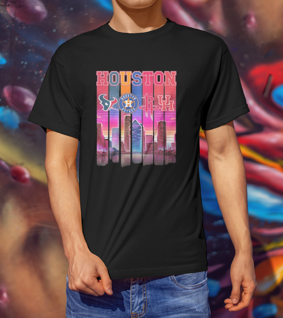 Houston Retro Skyline Texans Astros Rockets And Cougars T-Shirt