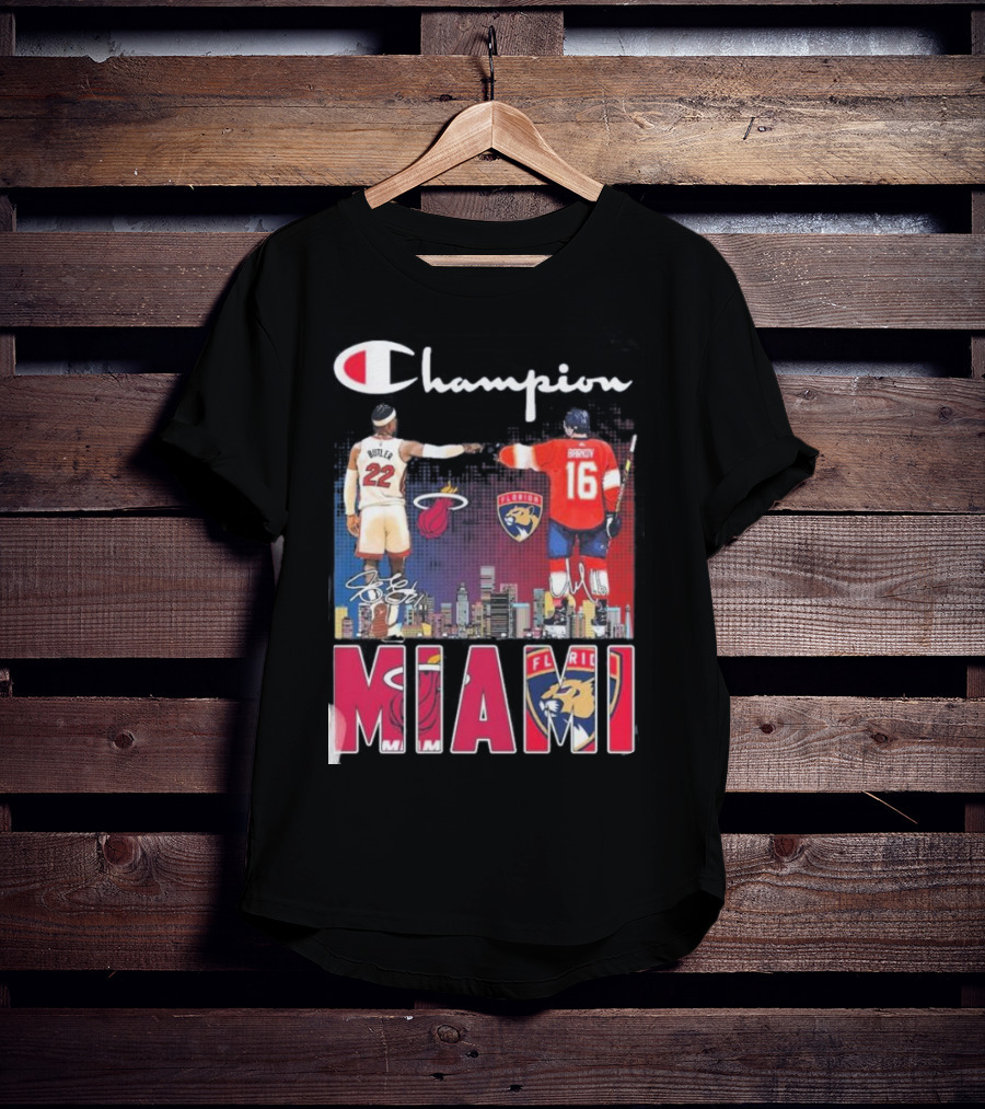 Champion Miami Skyline Signatures 22 Jimmy Butler 16 Aleksander Barkov Sports T-Shirt
