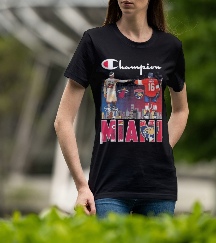 Champion Miami Skyline Signatures 22 Jimmy Butler 16 Aleksander Barkov Sports T-Shirt