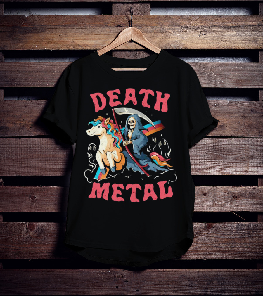 Death Metal Skull Riding Rainbow Unicorn T-Shirt