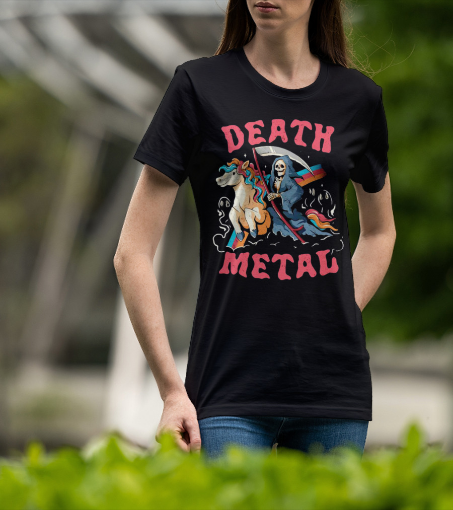 Death Metal Skull Riding Rainbow Unicorn T-Shirt