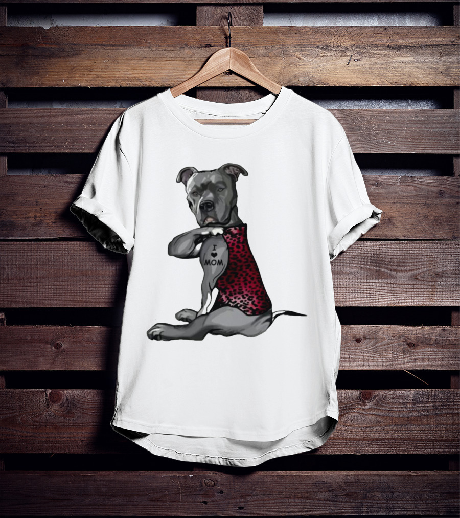 I Love Mom Dog Tattoo Red Leopard Print T-Shirt