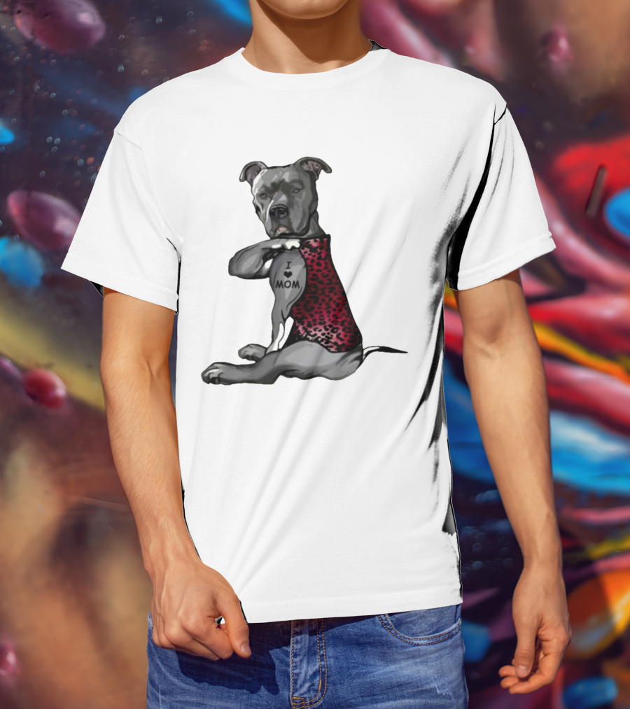 I Love Mom Dog Tattoo Red Leopard Print T-Shirt