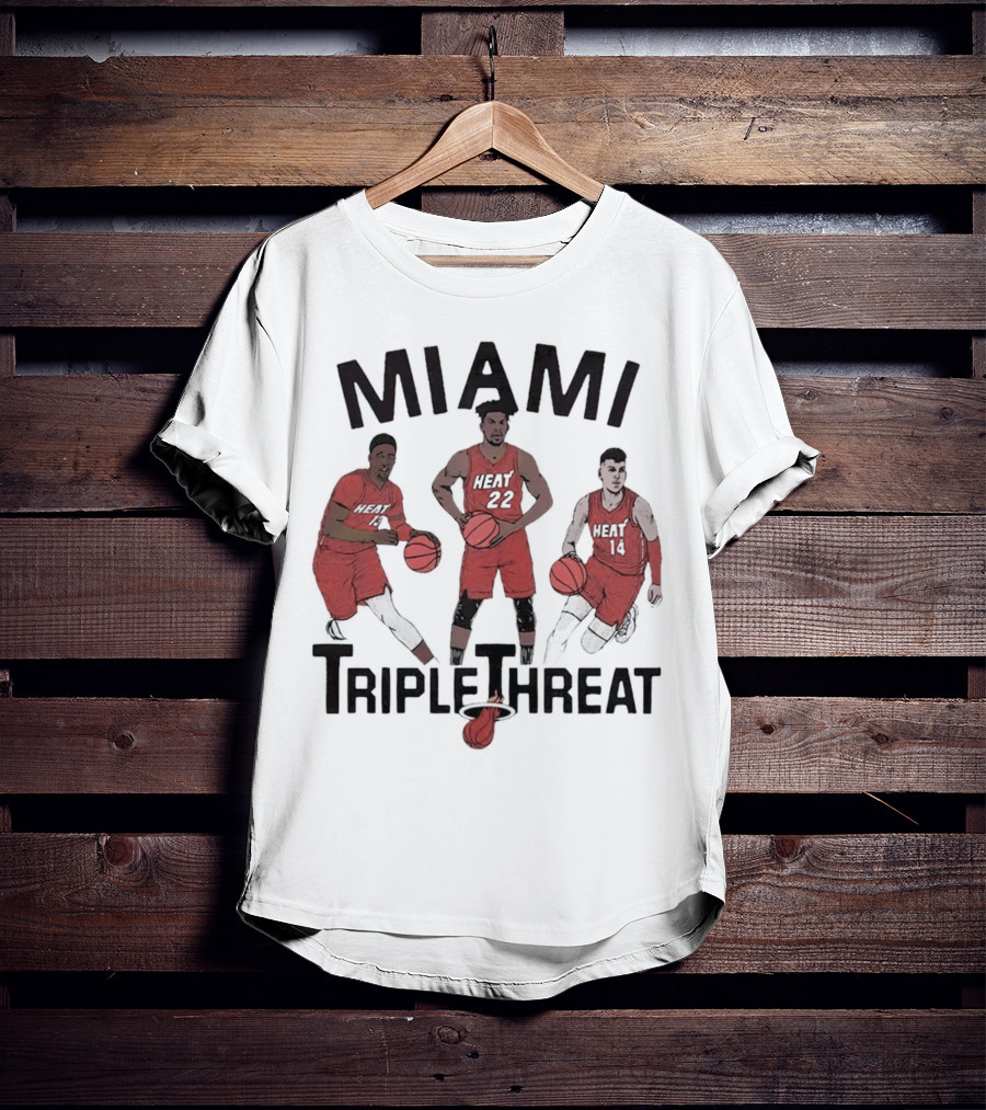 Miami Heat Bam Adebayo Jimmy Butler Tyler Herro Triple Threat T-Shirt