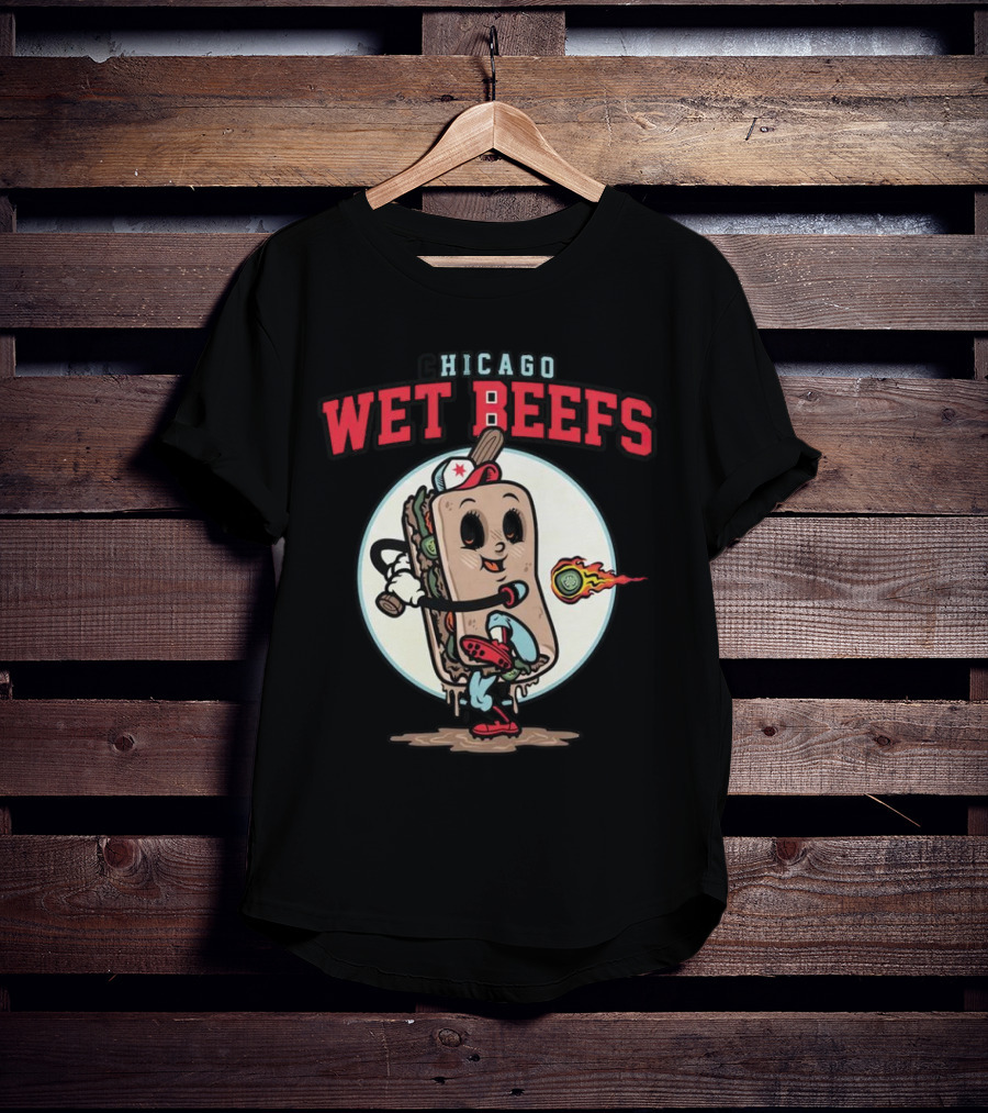 Chicago Wet Beefs Sandwich Character With Baseball Bat And Flaming Baseball T-Shirt