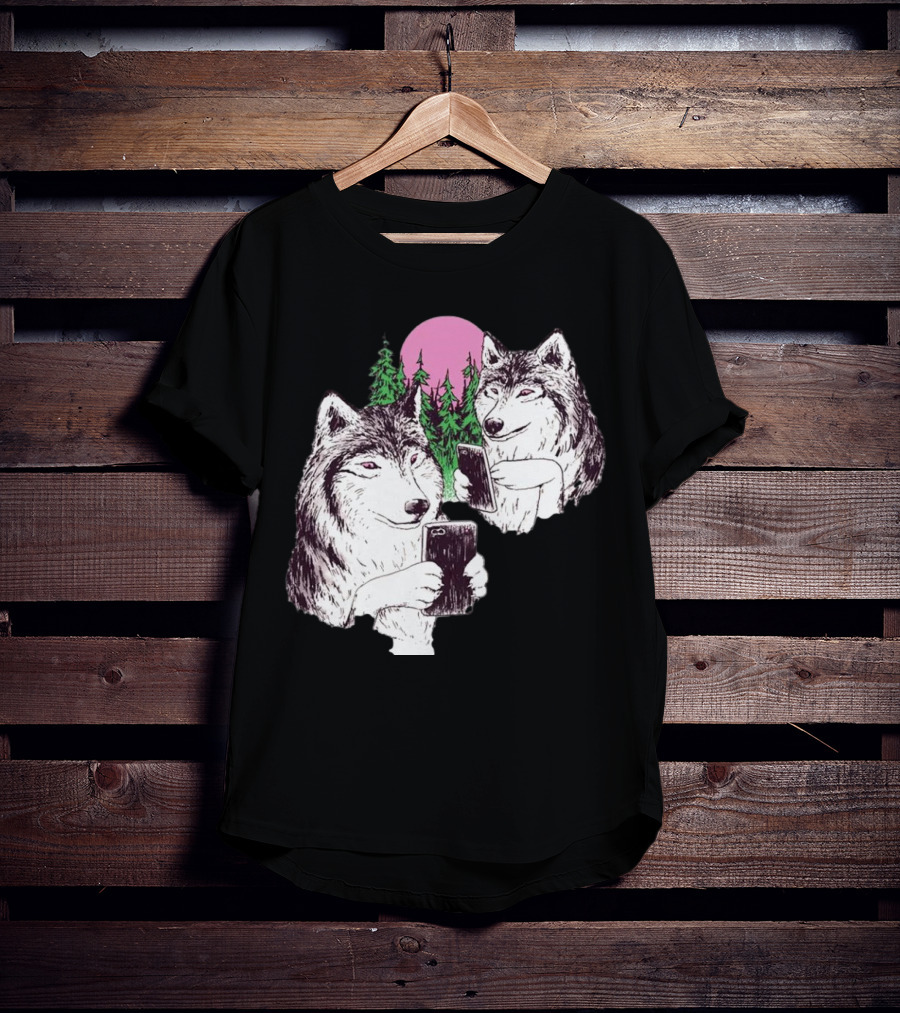 There Are Two Wolves Inside You Both On Smartphones Against A Pink Moon And Pine Trees T-Shirt