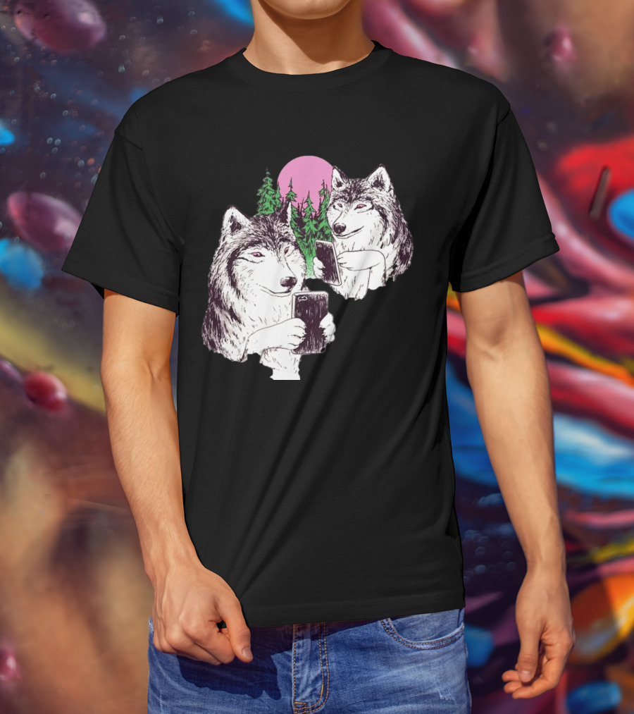 There Are Two Wolves Inside You Both On Smartphones Against A Pink Moon And Pine Trees T-Shirt
