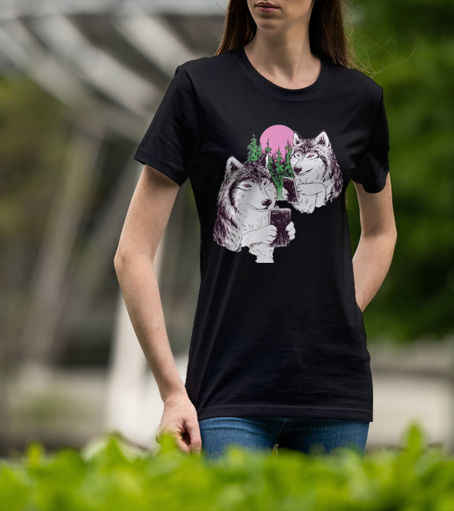 There Are Two Wolves Inside You Both On Smartphones Against A Pink Moon And Pine Trees T-Shirt