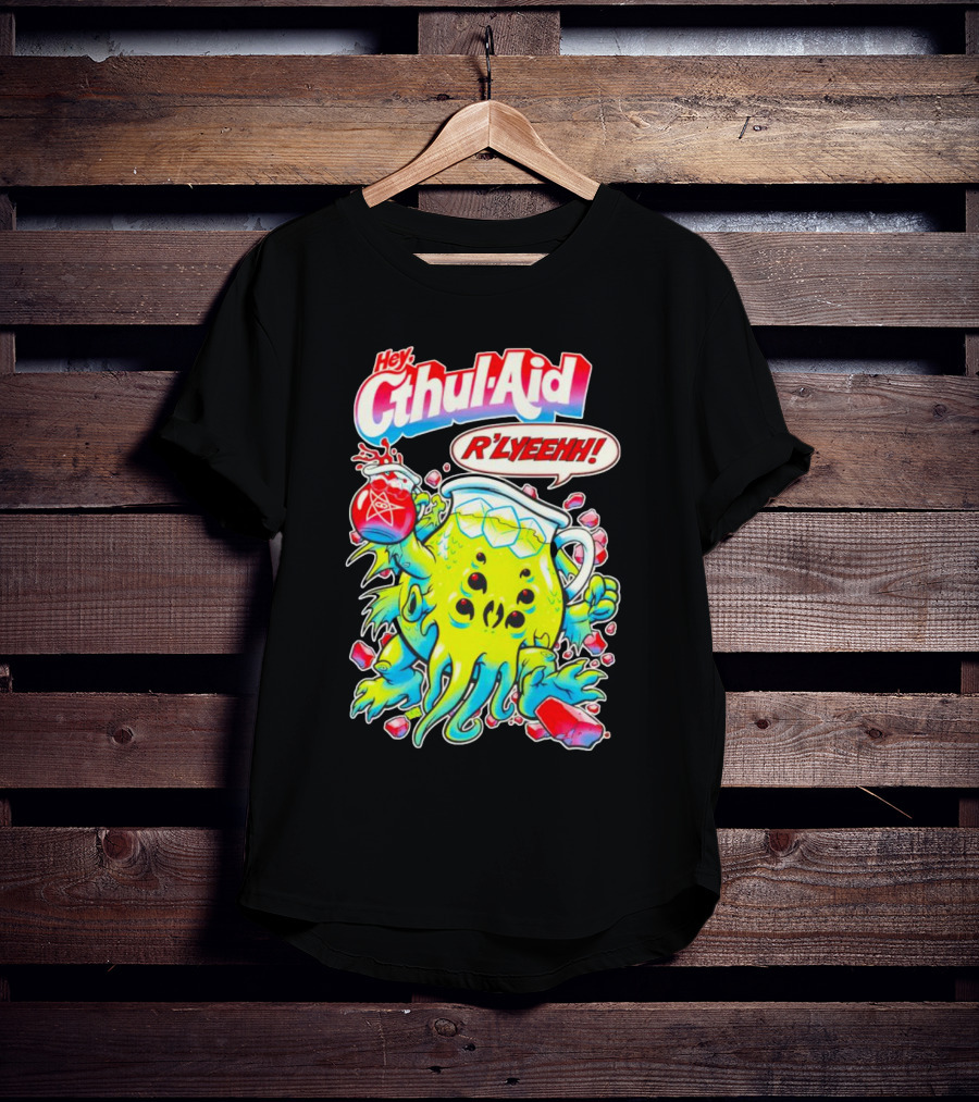 Hey Cthul-Aid R'lyeehh Monster Holding Pentagram Drink With Tentacles T-Shirt