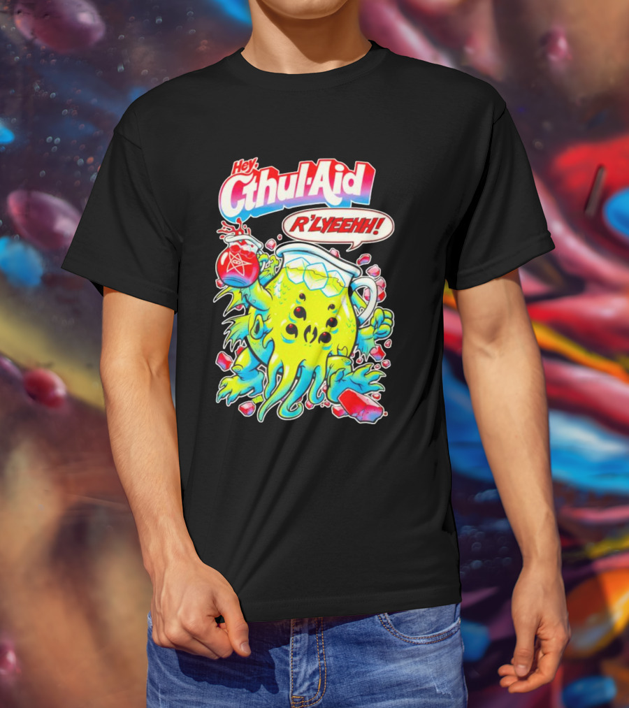 Hey Cthul-Aid R'lyeehh Monster Holding Pentagram Drink With Tentacles T-Shirt