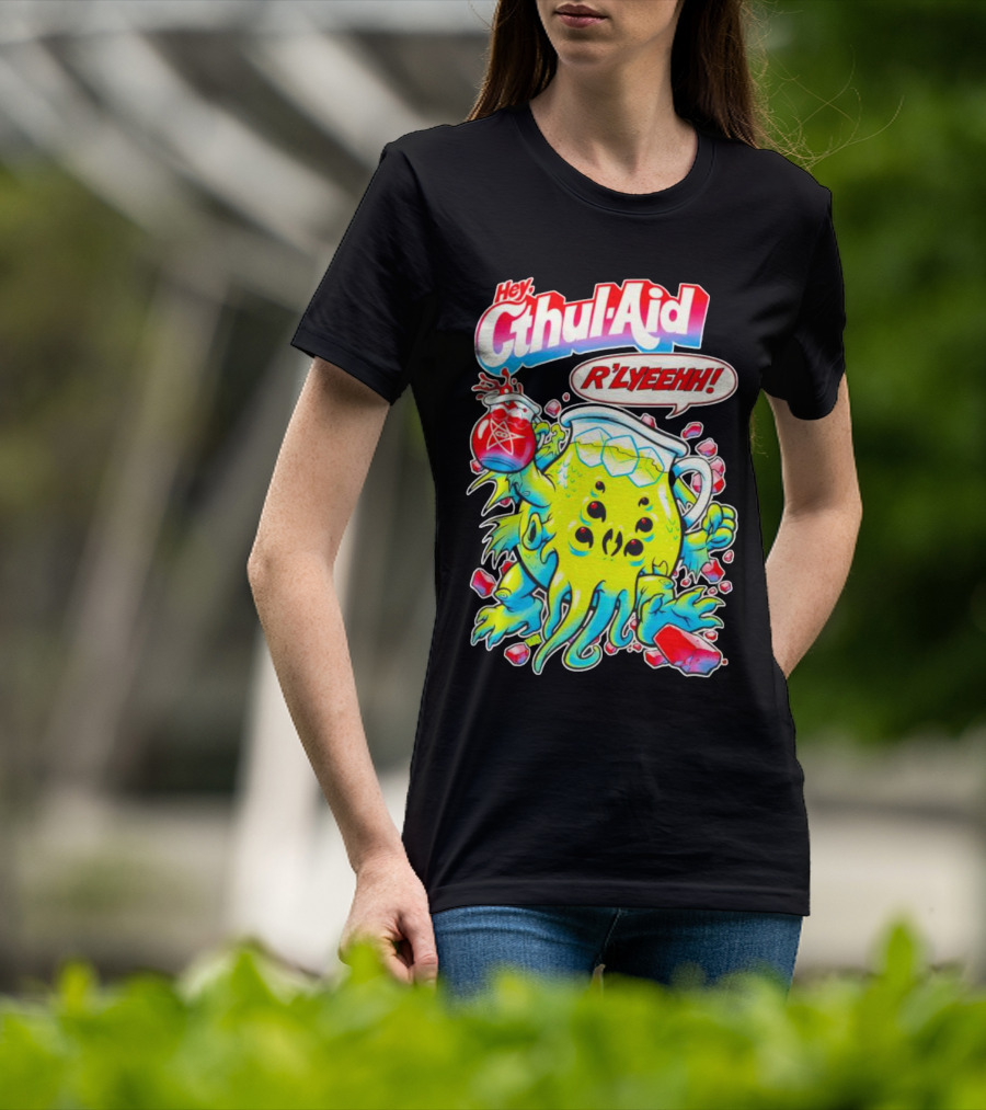 Hey Cthul-Aid R'lyeehh Monster Holding Pentagram Drink With Tentacles T-Shirt