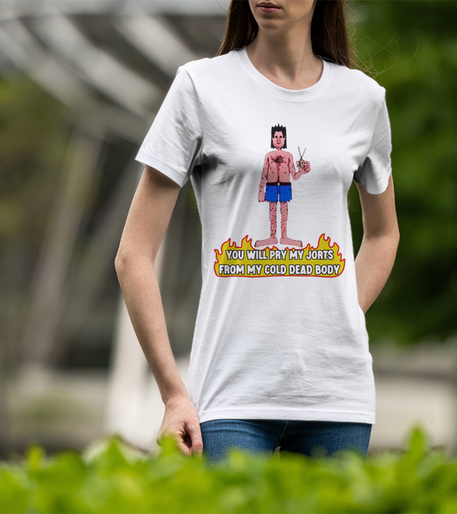 You Will Pry My Jorts From My Cold Dead Body Cartoon Character Holding Scissors In Flames T-Shirt