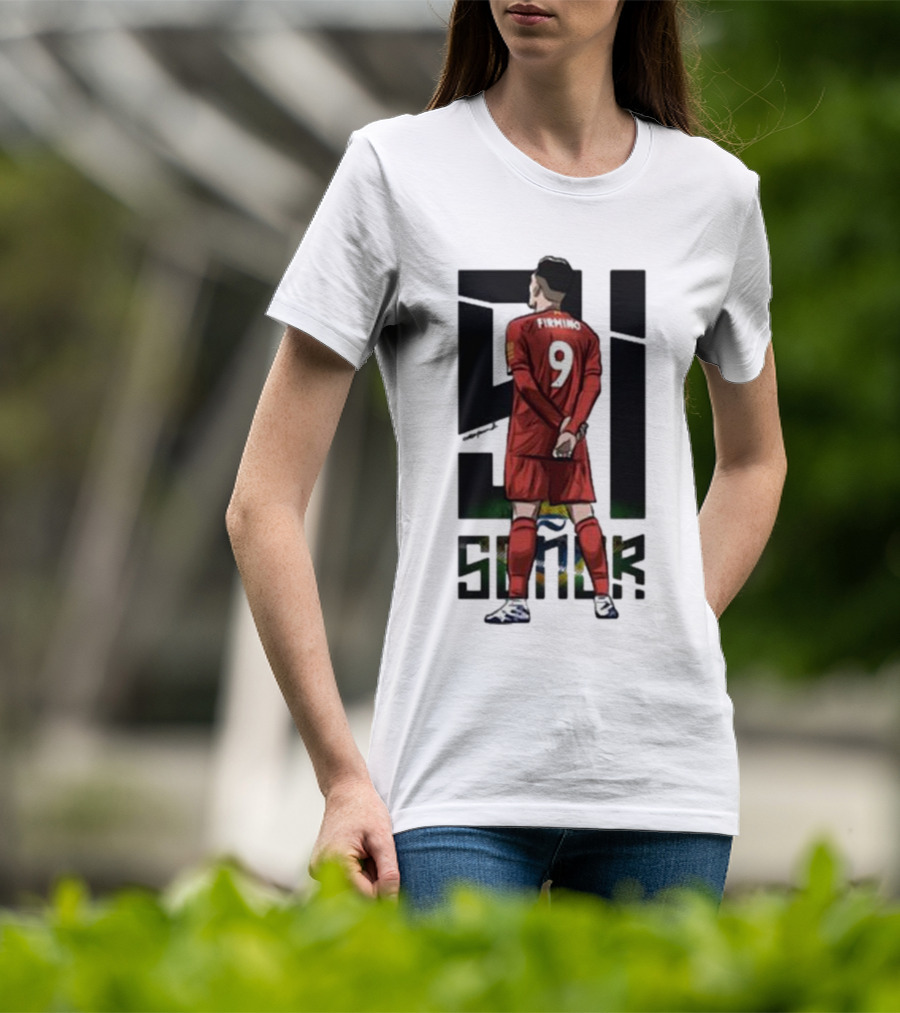 Roberto Firmino Si Señor 9 Football Player In Red Kit With Brazil Flag Background T-Shirt