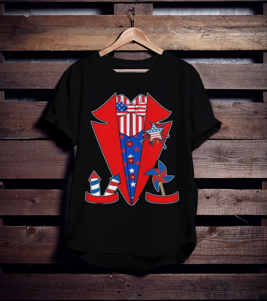 Patriotic Stars And Stripes Tuxedo With Fireworks And Pinwheel T-Shirt