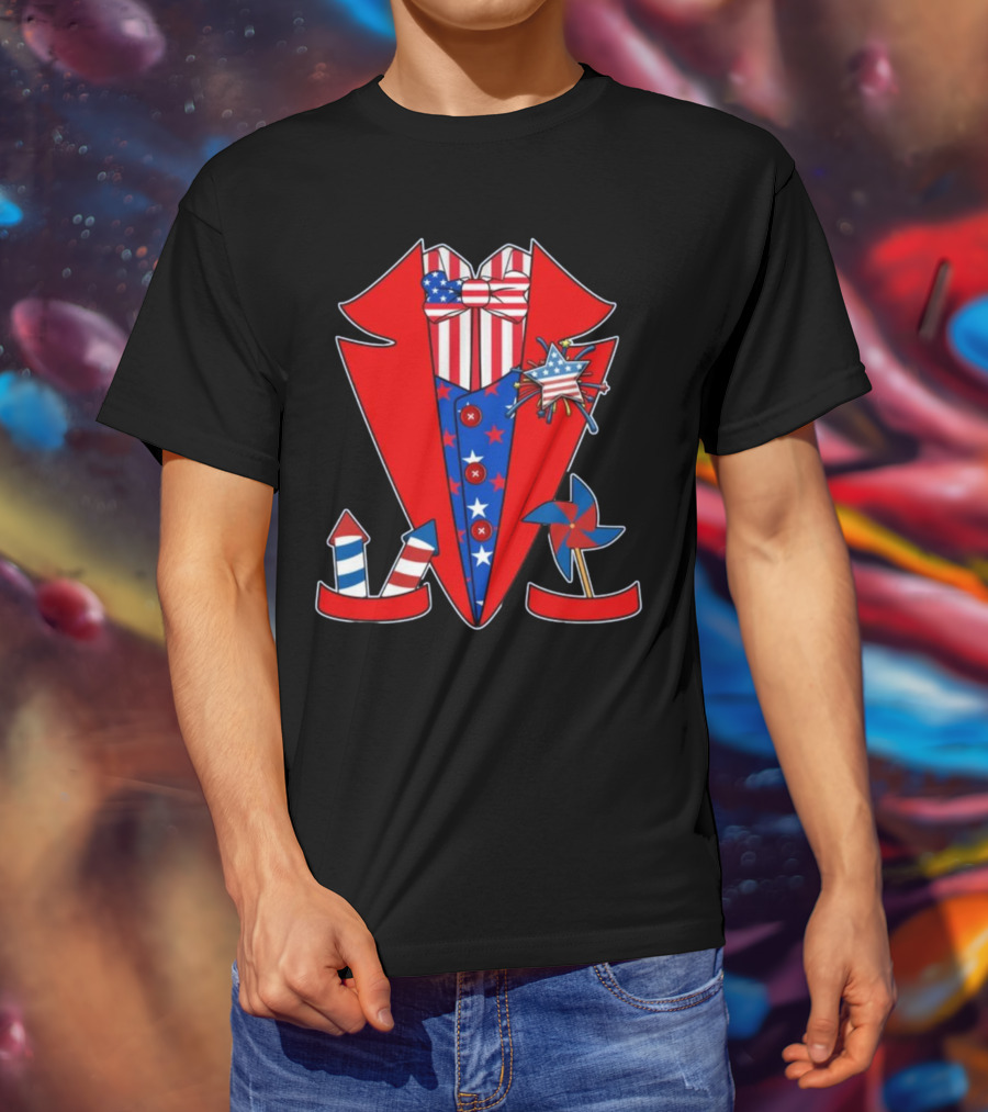 Patriotic Stars And Stripes Tuxedo With Fireworks And Pinwheel T-Shirt