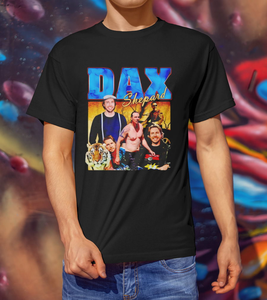Dax Shepard Vintage Collage With Blue Text And Tiger T-Shirt