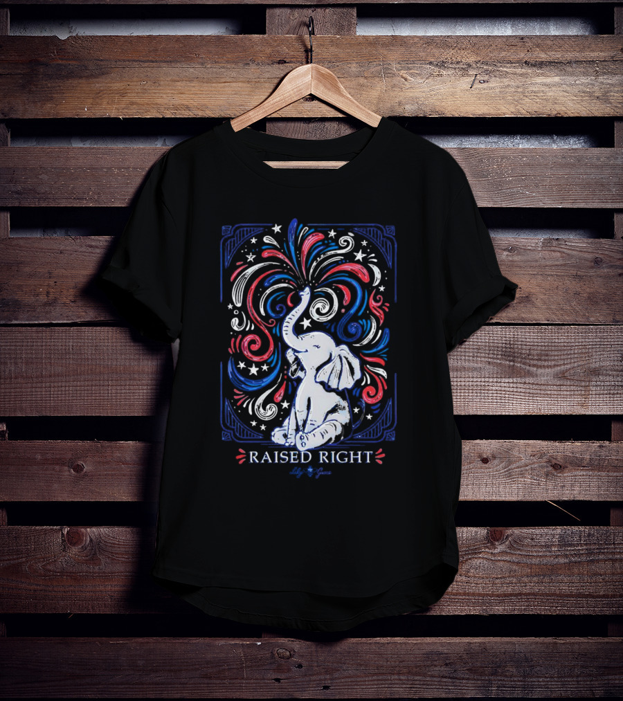 Elephant Raised Right Fireworks Red White Blue Stars T-Shirt