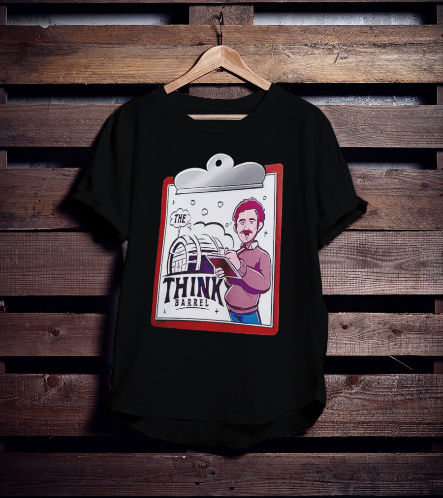 The Think Barrel Clipboard With Cartoon Character And Building Outline T-Shirt