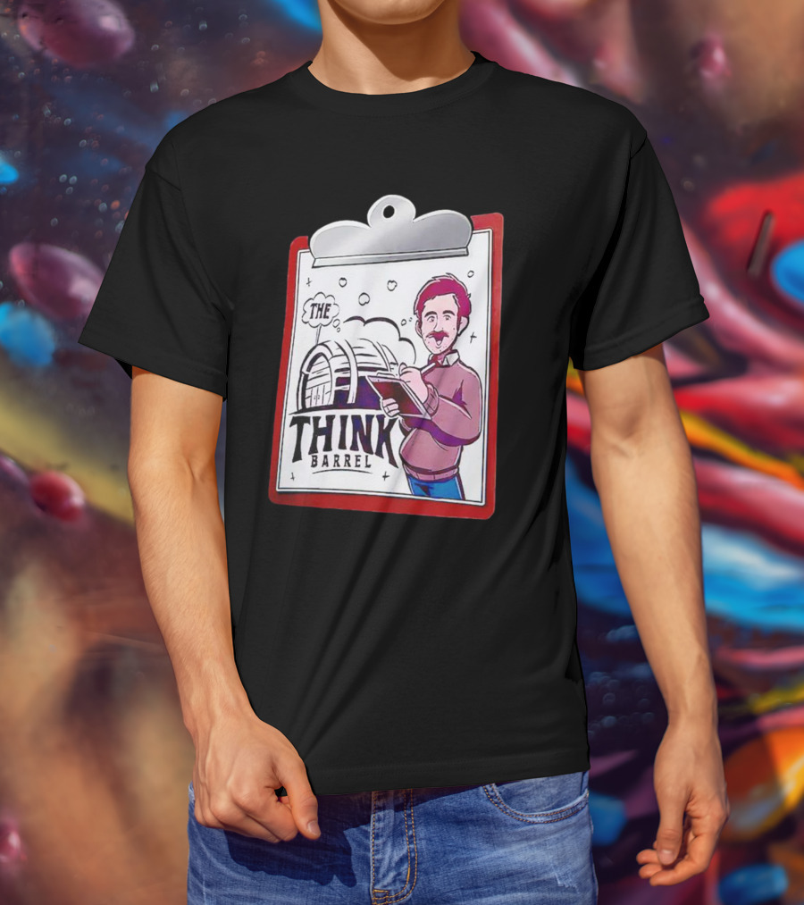 The Think Barrel Clipboard With Cartoon Character And Building Outline T-Shirt