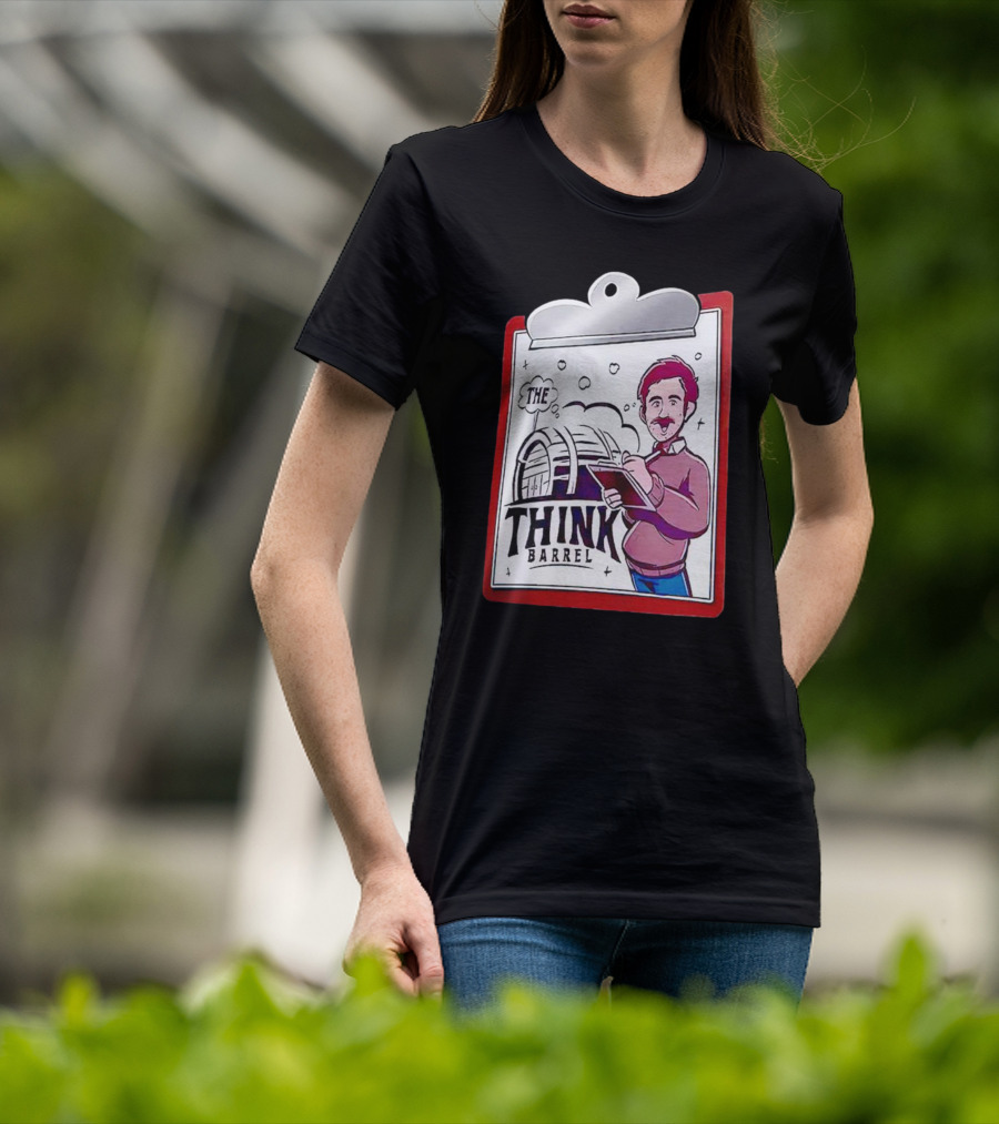 The Think Barrel Clipboard With Cartoon Character And Building Outline T-Shirt