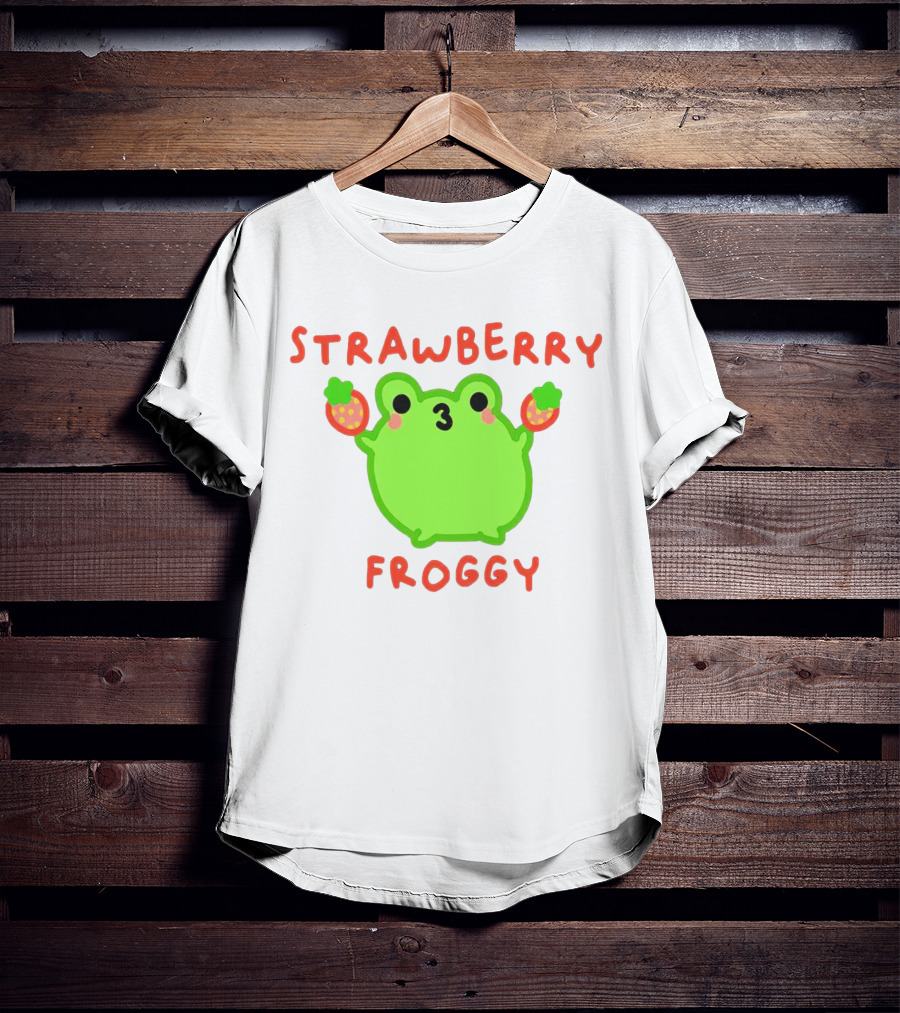 STRAWBERRY FROGGY Green Frog Holding Strawberries T-Shirt