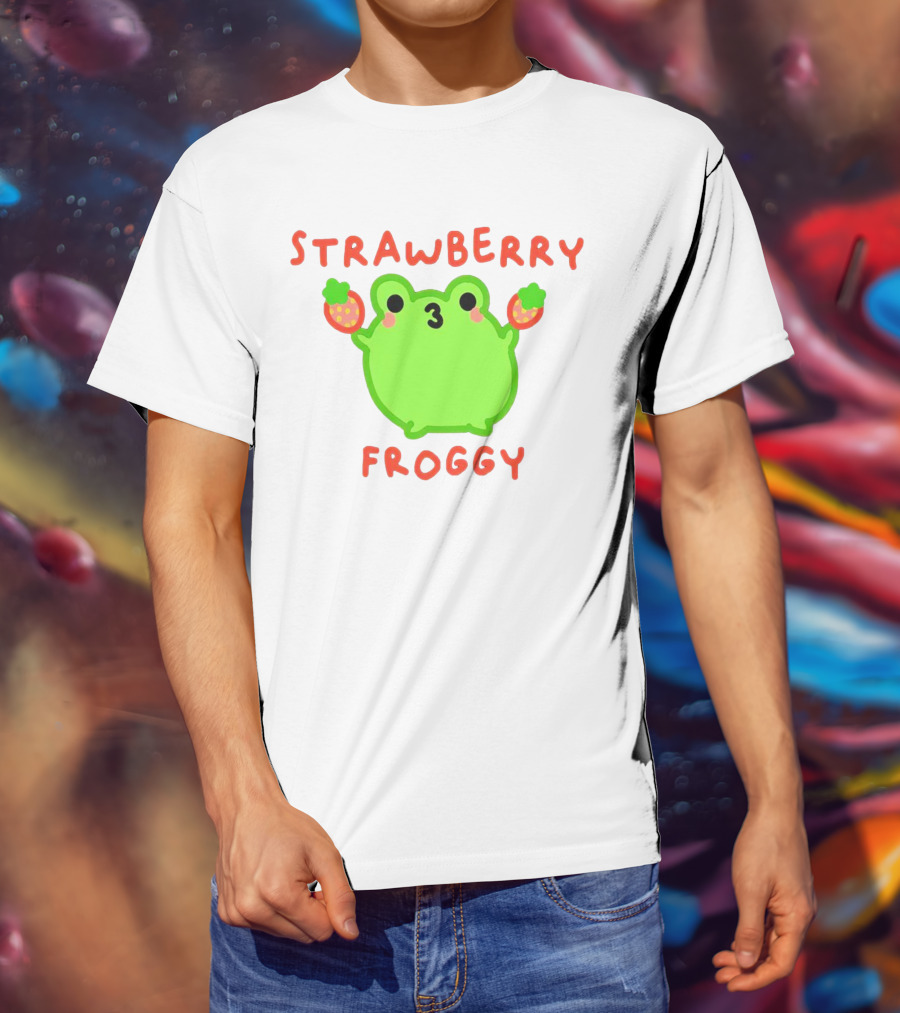 STRAWBERRY FROGGY Green Frog Holding Strawberries T-Shirt
