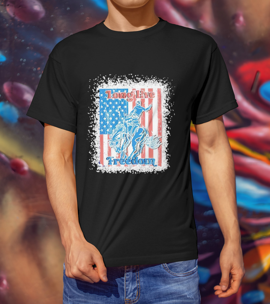 Long Live Freedom America Flag Cowboy And Horse T-Shirt