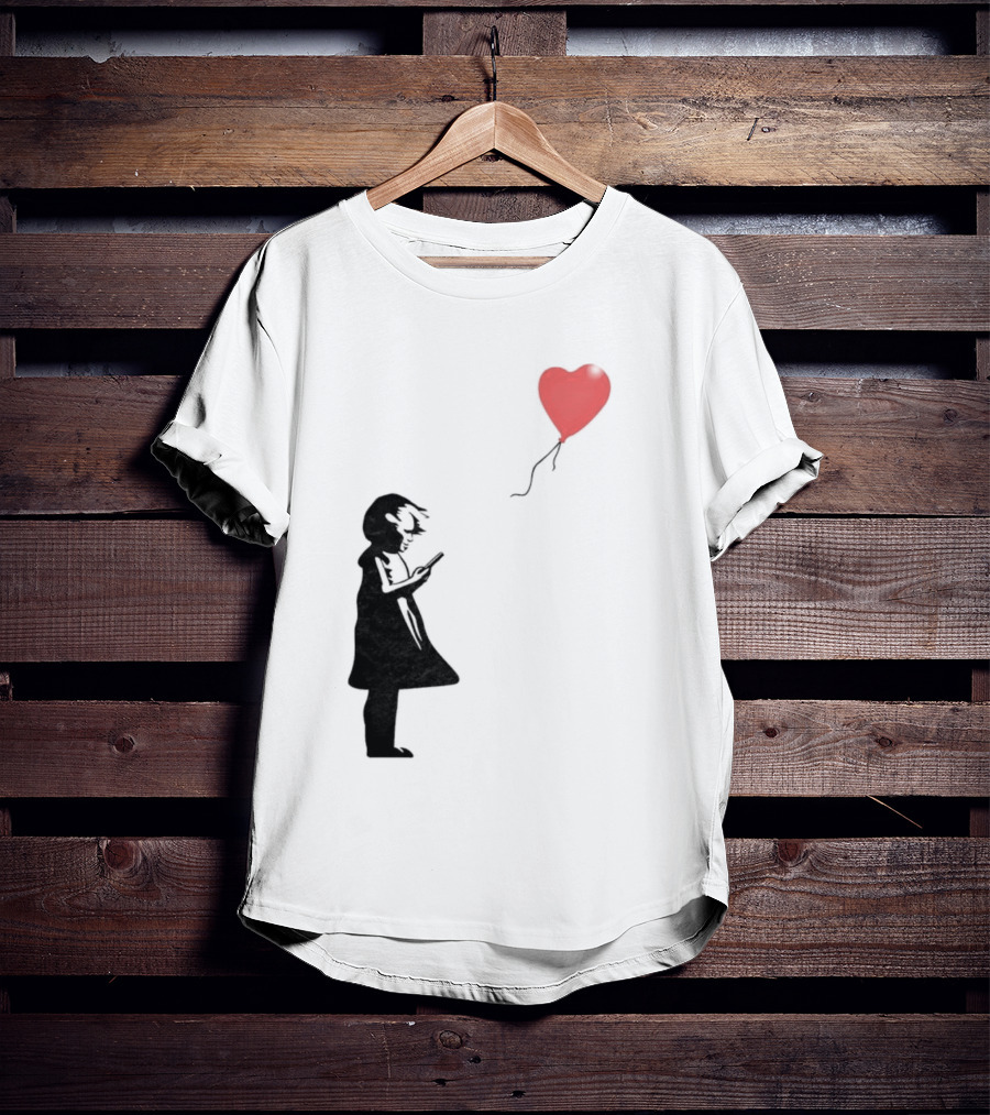 Girl With Phone Heart Balloon Black Dark Shadow T-Shirt