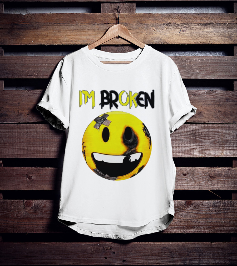 I'M BROKEN Smiley Burned And Patched Emo Smiley Face T-Shirt