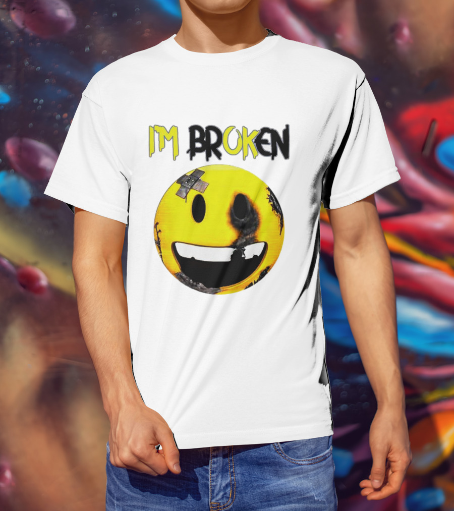 I'M BROKEN Smiley Burned And Patched Emo Smiley Face T-Shirt