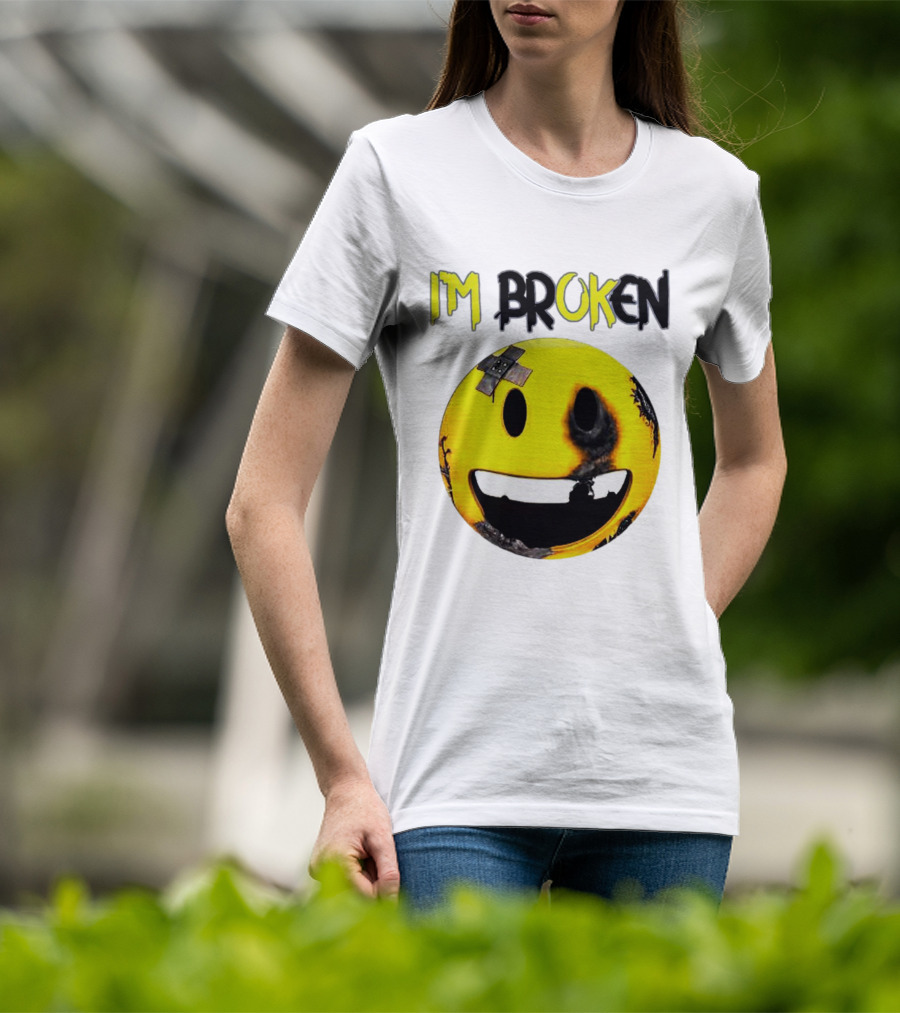 I'M BROKEN Smiley Burned And Patched Emo Smiley Face T-Shirt