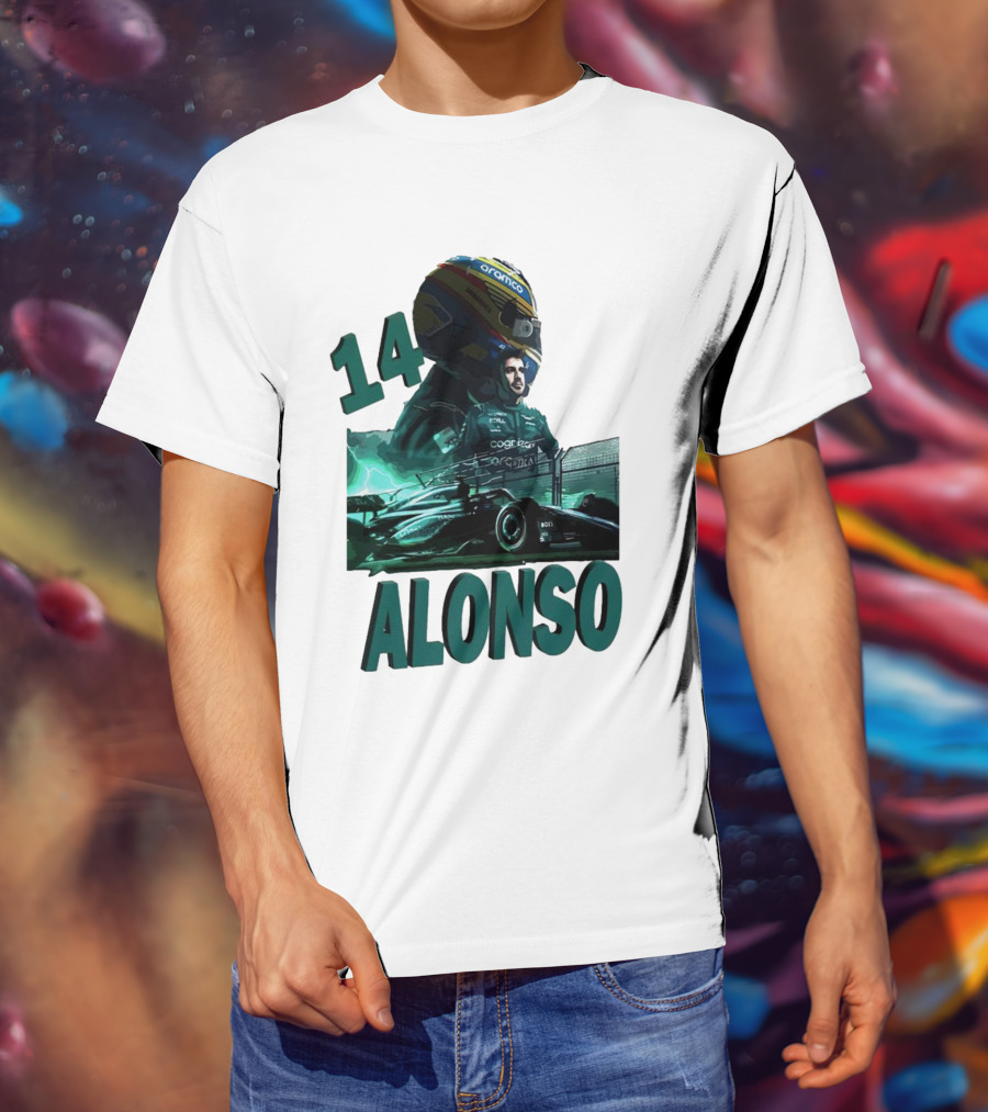 14 Alonso Aramco Racing Helmet And Car T-Shirt