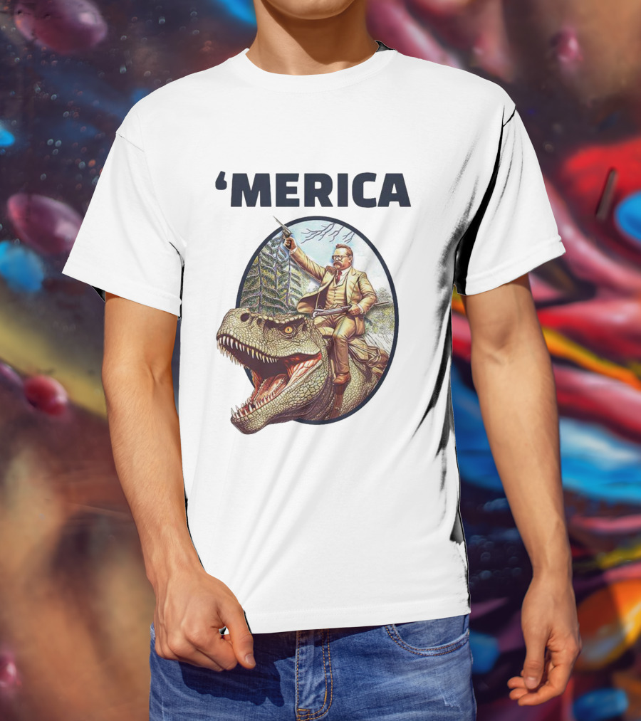 Theodore Roosevelt Riding Dinosaur ‘Merica Patriotic Adventure Scene T-Shirt