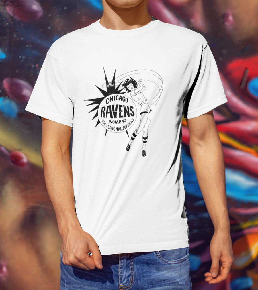 Chicago Ravens Women's Professional Softball Logo With Dynamic Female Player T-Shirt