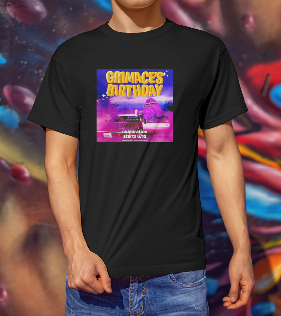 Grimace's Birthday Celebration Starts 6/12 With Purple Character And Sunglasses T-Shirt