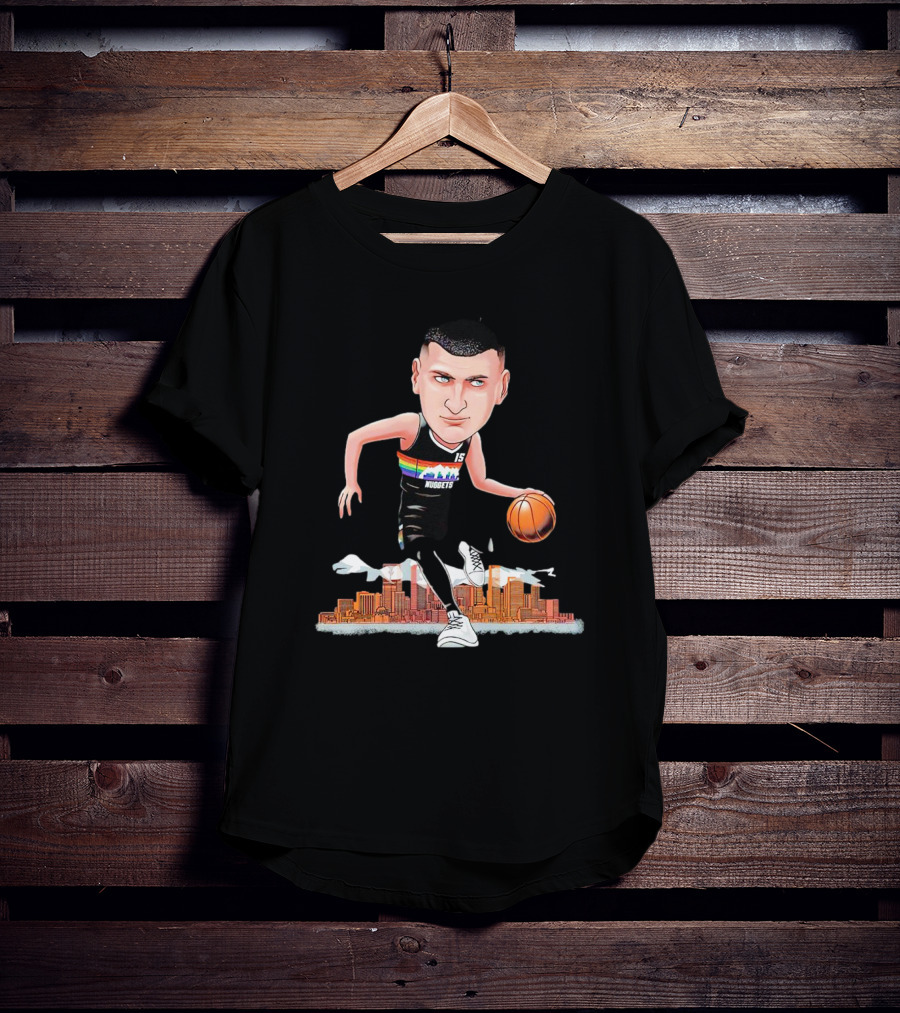 Nikola Jokic Denver Nuggets Cartoon Dribbling Basketball Colorado Skyline T-Shirt