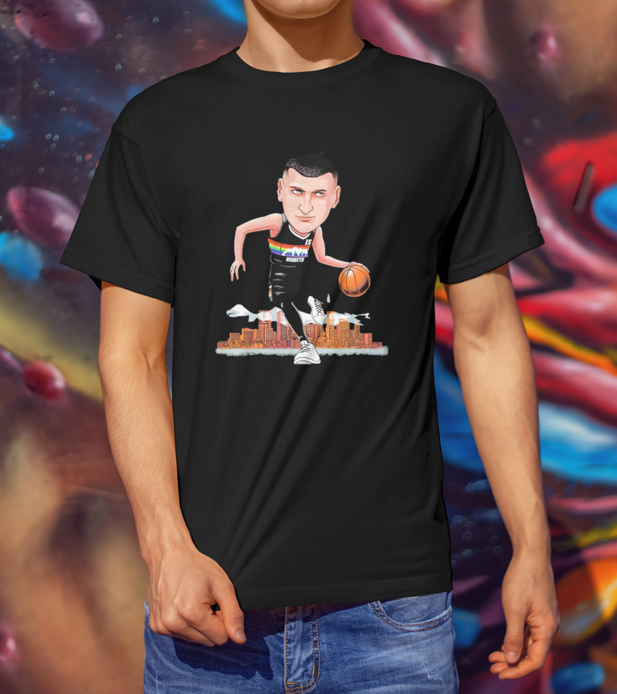 Nikola Jokic Denver Nuggets Cartoon Dribbling Basketball Colorado Skyline T-Shirt