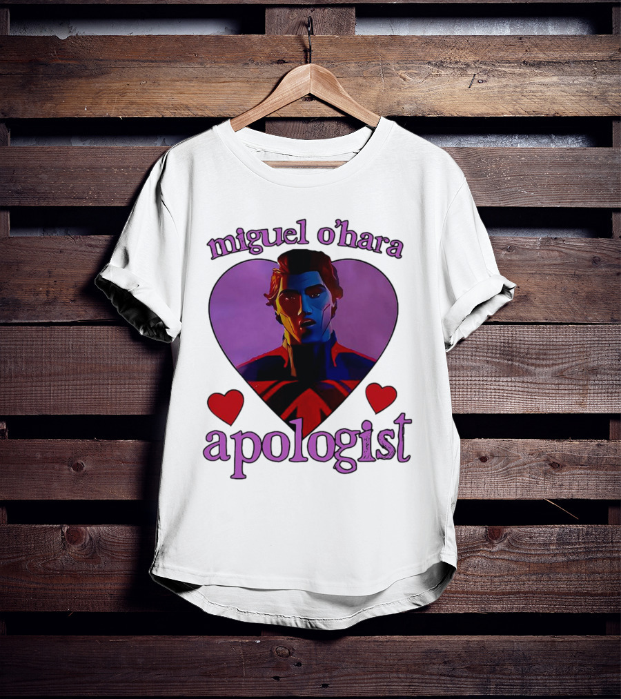 Miguel O’Hara Apologist Love Heart With Heroic Figure In Purple And Red Hearts T-Shirt