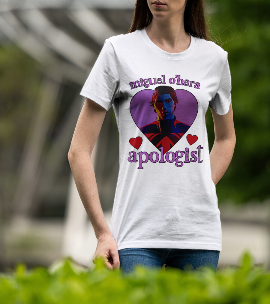 Miguel O’Hara Apologist Love Heart With Heroic Figure In Purple And Red Hearts T-Shirt